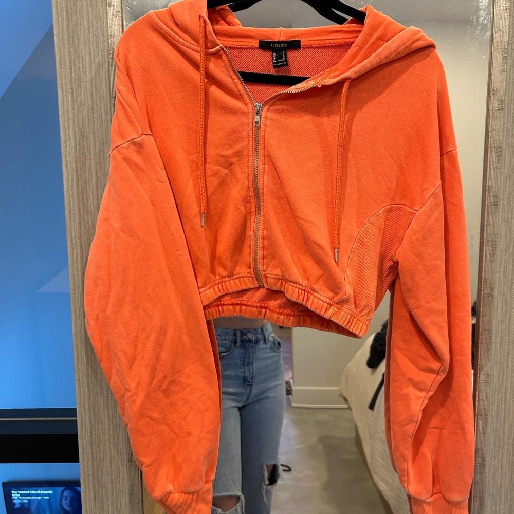 Forever 21 Bright Orange Cropped Hoodie Jacket